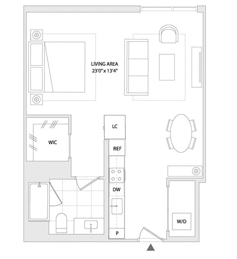 Floor plan for studio, 1 bath, 644 sqft